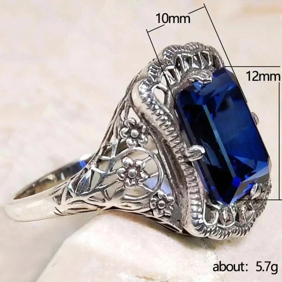 925 Silver Plated Retro Style Emerald Cut Blue CZ Ring, MARR9334 - Picture 6 of 6